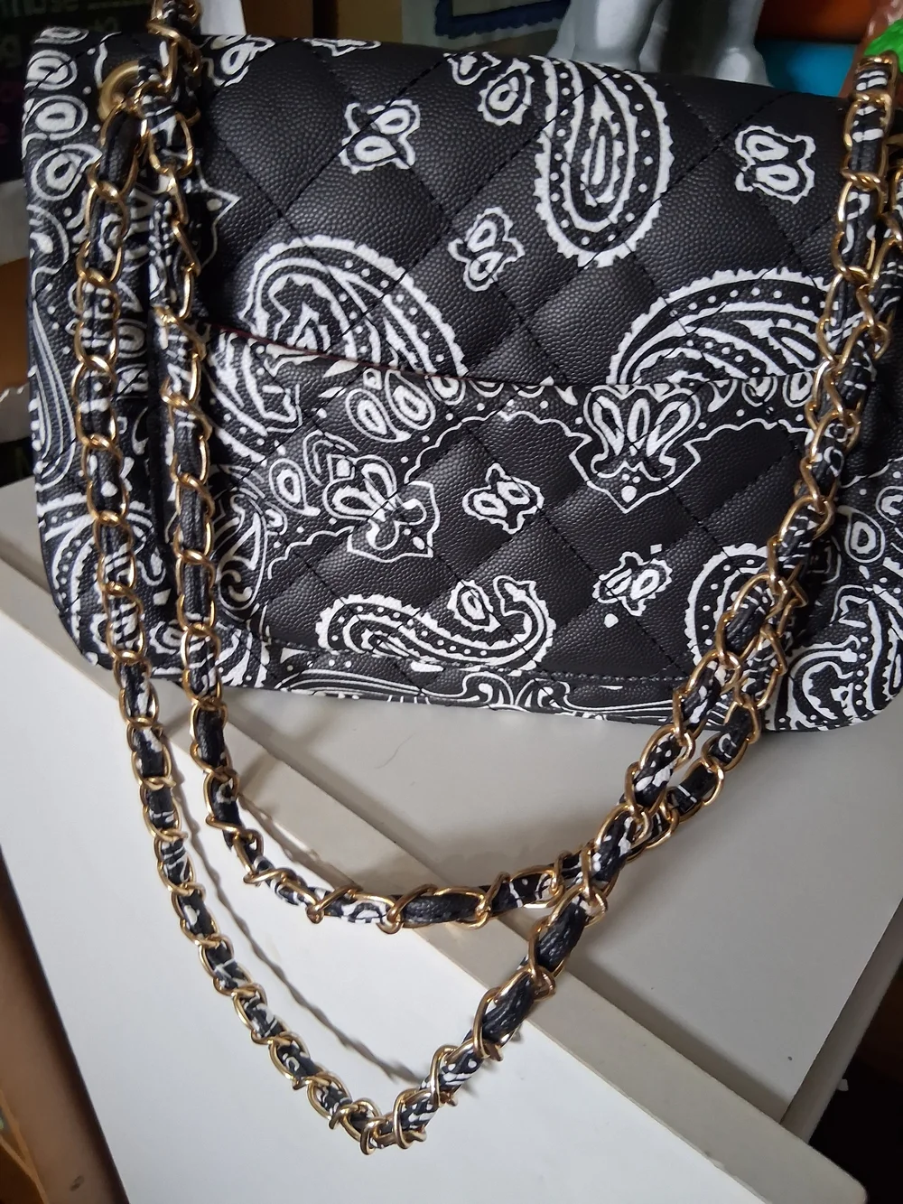 Quilted Black & White Paisley Crossbody Bag NWOT